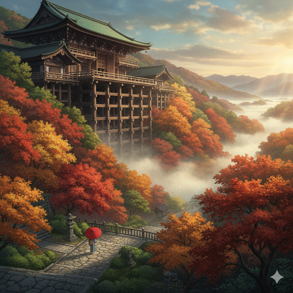 Kyoto temple with autumn leaves